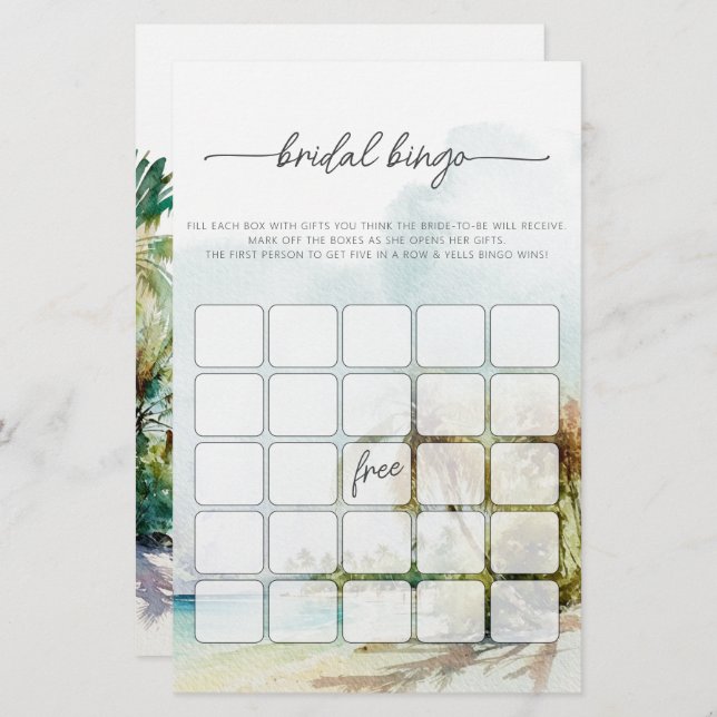 Tropical Beach Palm Treine Bridal Bingo Game (Frente/Verso)