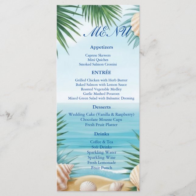 Tropical Beach Wedding Reception Menu Card (Frente)