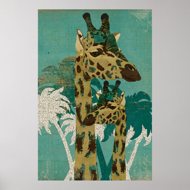Tropical Blue Boho Girafas Retro Art Poster (Frente)