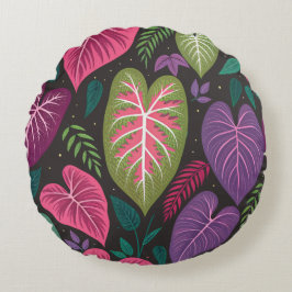 Tropical Caladium Almofada Redonda – Roxo & Verde 