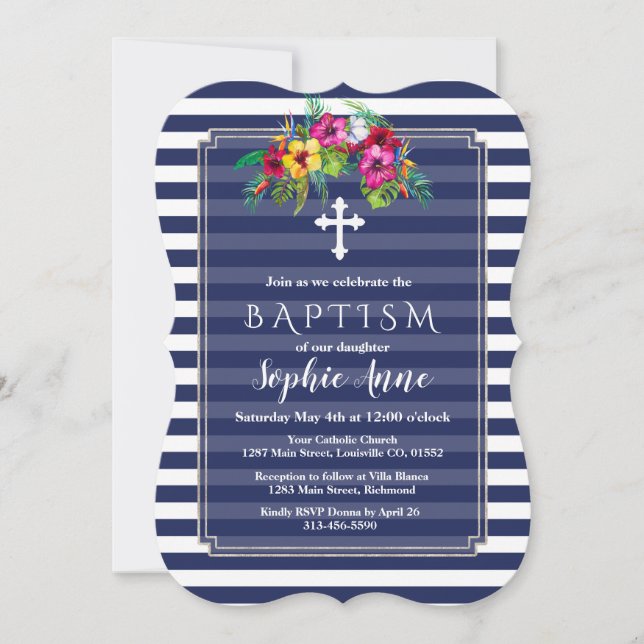 Tropical Floral Luau Marinho Blue Baptism Convite (Frente)