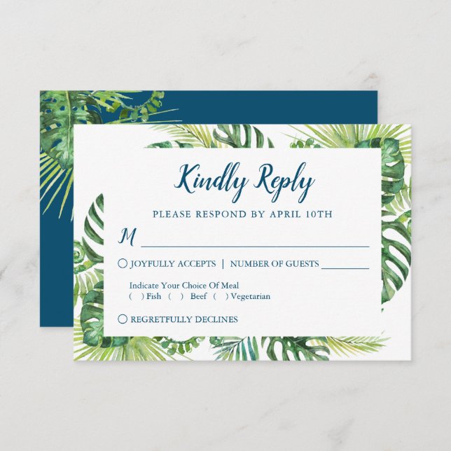 Tropical Greenery Blue Beach Casamento RSVP Card (Frente/Verso)