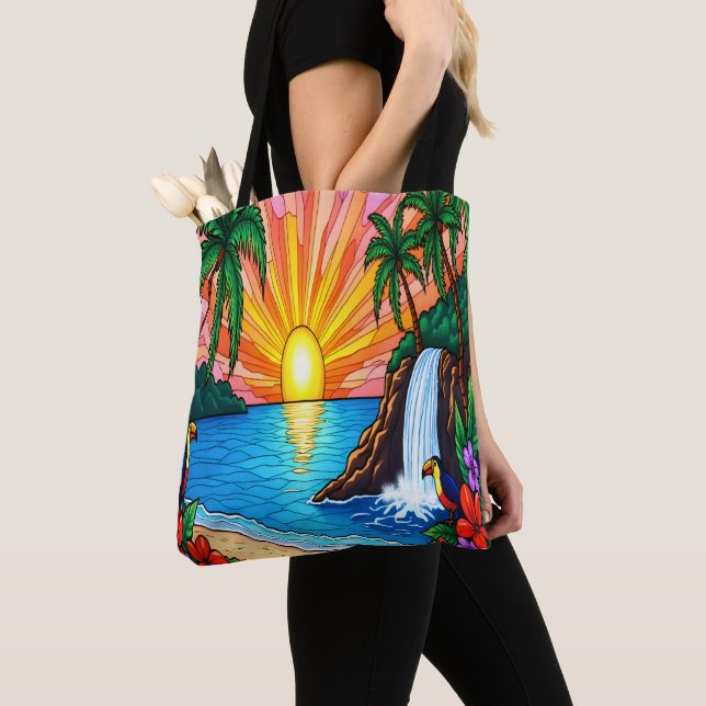 Tropical Stained Glass Sunset Tote Bag  (Close Up)