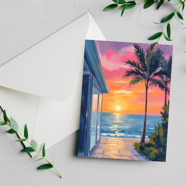 Tropical Sunset Palm Beach Ocean Watercolor Card (Criador carregado)