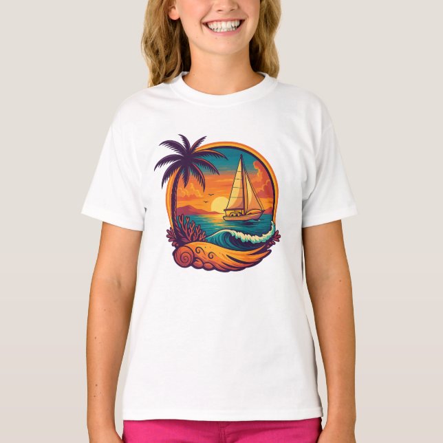 Tropical Sunset Sailboat Girl's T-Shirt (Frente)