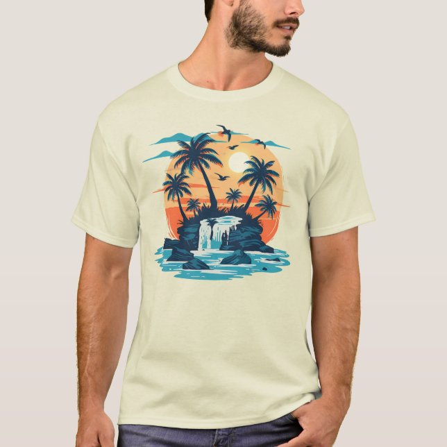 Tropical Sunset Waterfall Graphic T-Shirt (Frente)