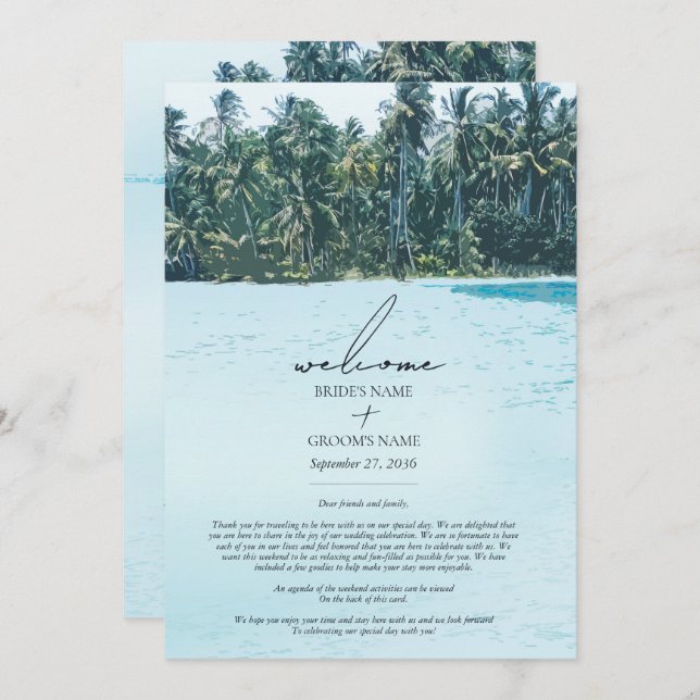 Tropical Watercolor Palms Beach Wedding Itinerary (Frente/Verso)