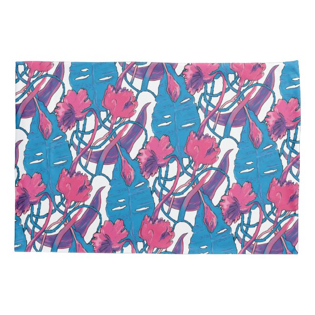 Tropical Wild Flowers Blue Pink Modern Exotic (Verso)