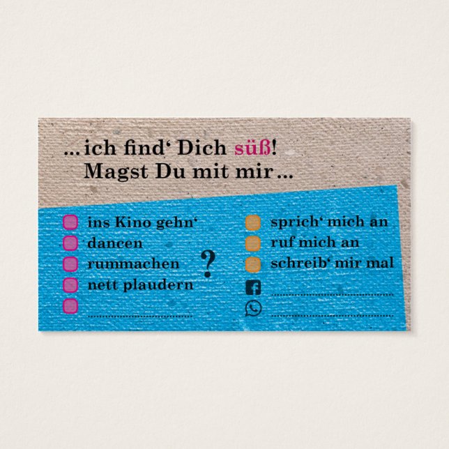 “Tu cartão é adocica! ”; com Kontaktfeldern (Verso)
