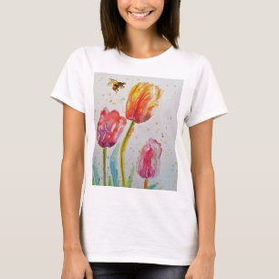 Tulip Bee Floral Watercolor Mulheres T Camisa