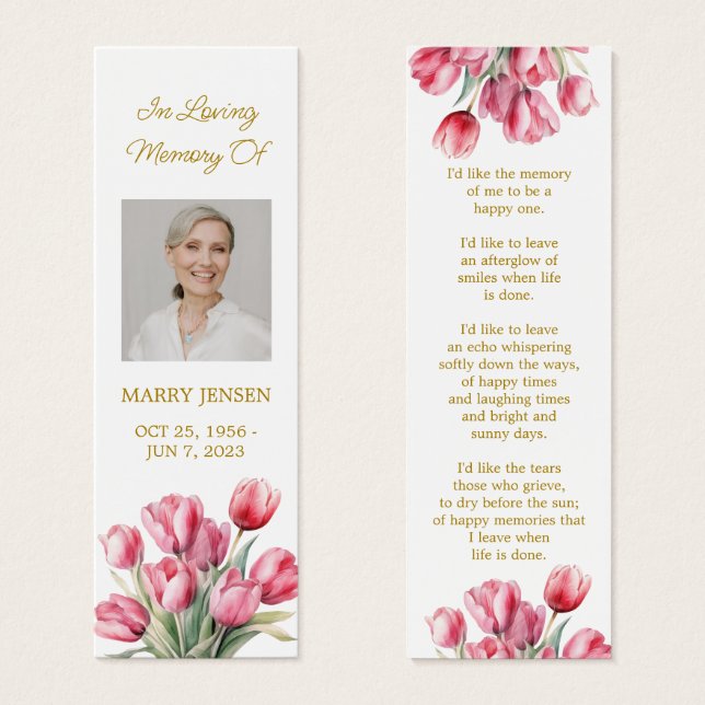 Tulip Floral Photo Funeral Memorial Bookmark (Frente & Verso)