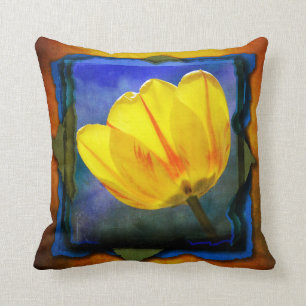 Tulipa Amarela em Almofada Grunge Azul Verde Laran