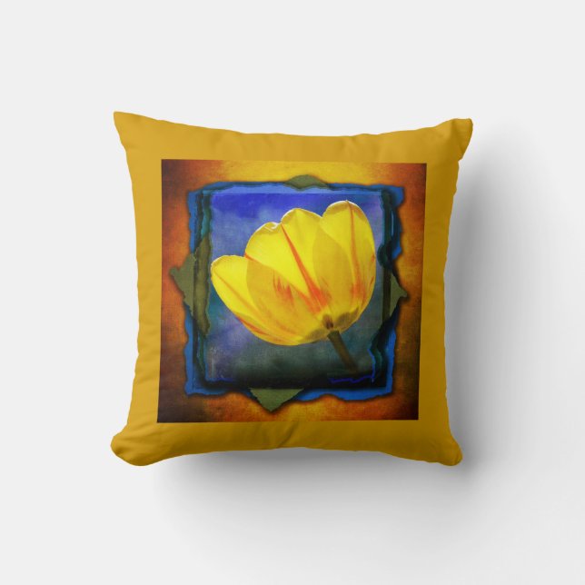 Tulipa Amarela em Almofada Grunge Azul Verde Laran (Frente)