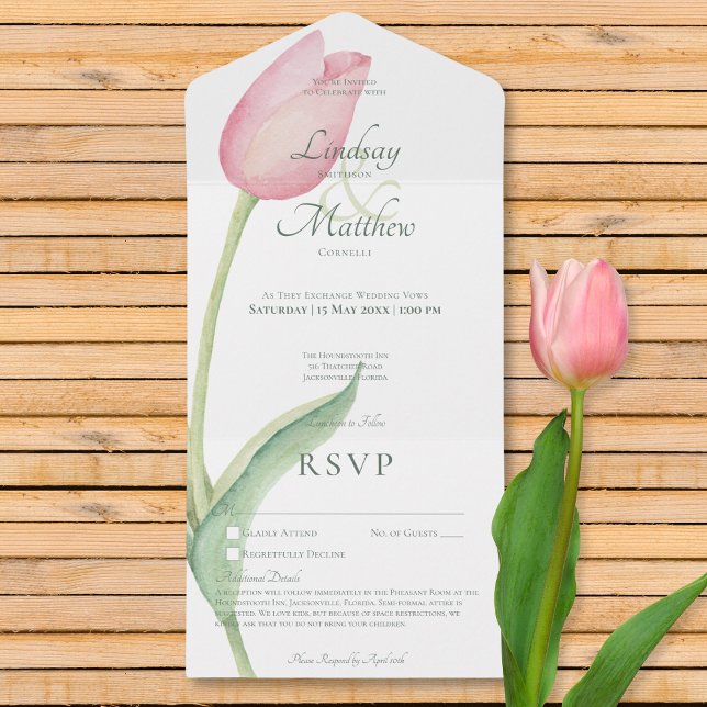 Tulipa Rosa Esbranquiçada Solo Moderno Sem Janto c (Blush Pink Tulip Solo Modern No Dinner w/ Details All In One Invitation)