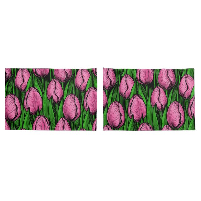 Tulipas cor-de-rosa com folhas verdes (Verso - conjunto)