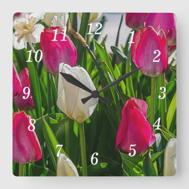 Tulipas Cor-De-Rosa E Brancas Relógio De Parede Pa (Frente)
