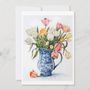 Tulipas de Aquarela Elegantes em Vaso Azul Delft