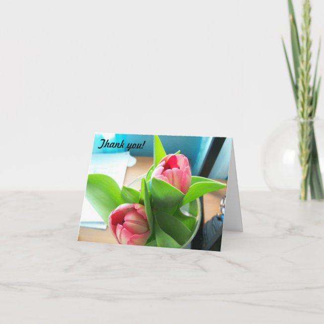 Tulipas de desktop rosa em um cartões de agradecim (Frente)