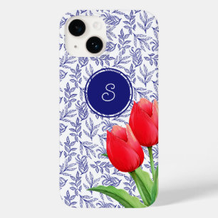 Tulipas Vermelhas Elegantes Monograma Azul Floral