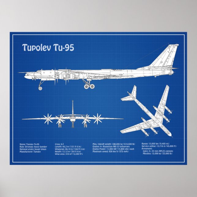 Tupolev Tu-95 - Planos de Impressão Blueprint do A (Frente)
