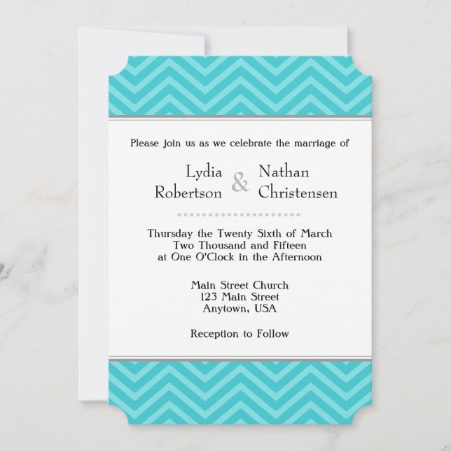 Turquesa Aqua Blue Chevron Convites para Casamento (Frente)