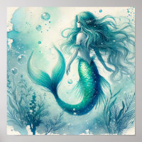 Turquesa Aquarela Posters de Arte de Parede Sereia