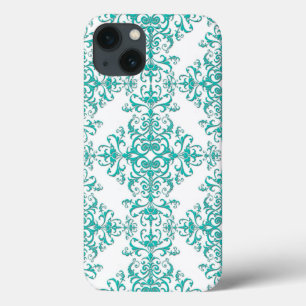 Turquesa Aquática e Floral Damask Branco Fancy