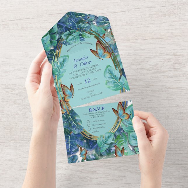 Turquesa Azul Monstera Folhas e Borboletas (Aba destacável)
