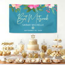 Turquesa Bat Mitzvah Rosa Floral Dourado Script Ne