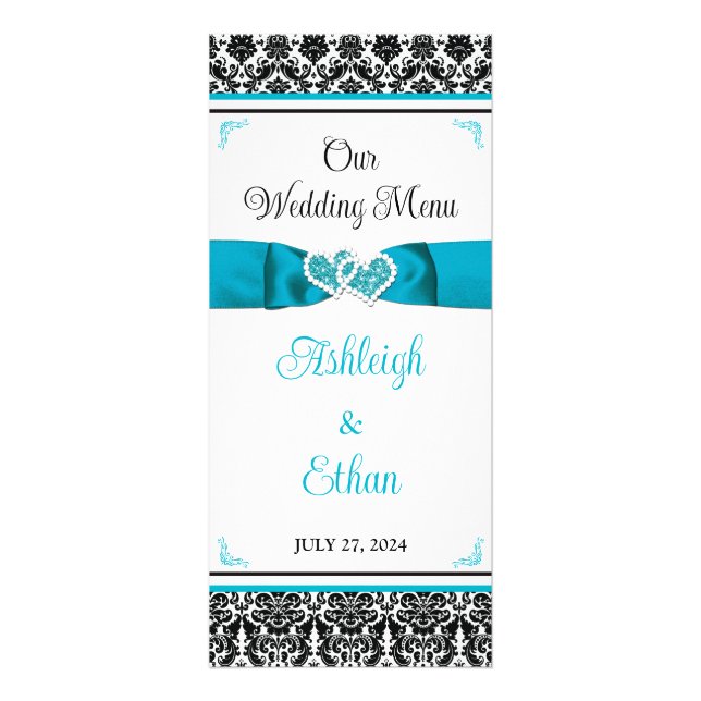 Turquesa, Black Damask Love Heart Menu Casamento (Frente)