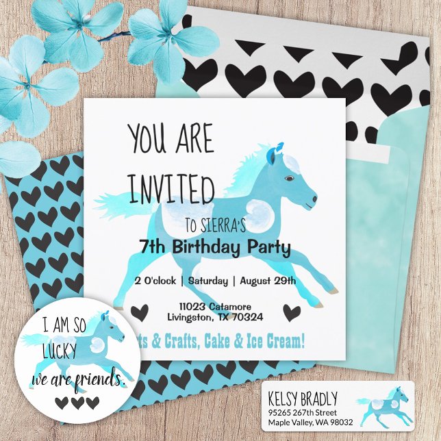 Turquesa, Convite de Aniversário do Aquamarine Pon (turquoise light blue pony black hearts cute pony ride birthday party invitation galloping pony)