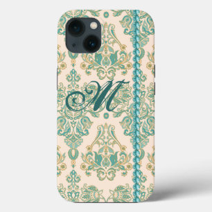 Turquesa Damask Monograma, Faux Pearls iPhone 13