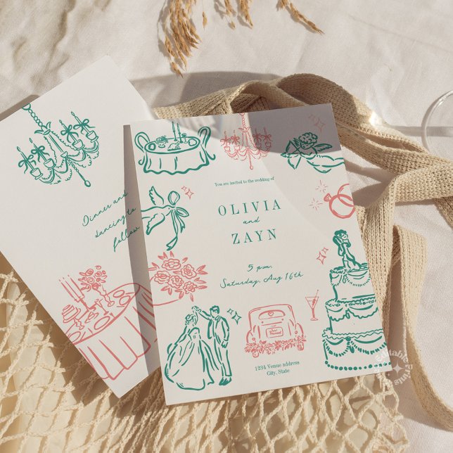 Turquesa de Convite De Casamento De Mão Espetacula (Whimsical Hand Drawn Wedding Invitation Green Coral Pink)