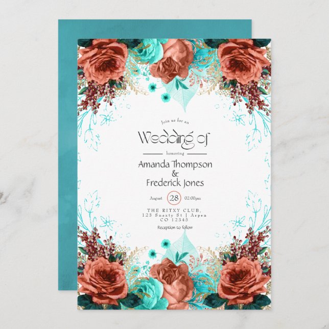Turquesa e Coral Rustic Casamento Floral Convite (Frente/Verso)