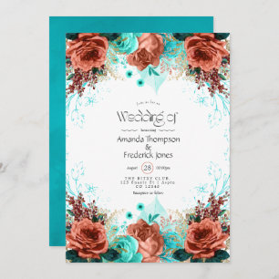 Turquesa e Coral Rustic Casamento Floral Convite