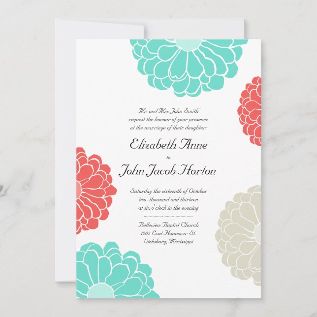 Turquesa e Coral Zinnia Convite Para Casamento De  (Frente)
