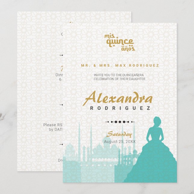 Turquesa e Dourada Quinceañera Árabe Foto (Frente/Verso)