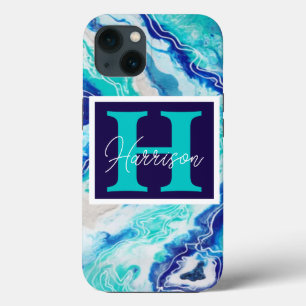 Turquesa e Monograma Azul Marble Nome Beachê