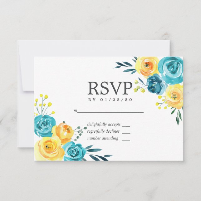 Turquesa e RSVP de Casamento Floral Amarelo (Frente)