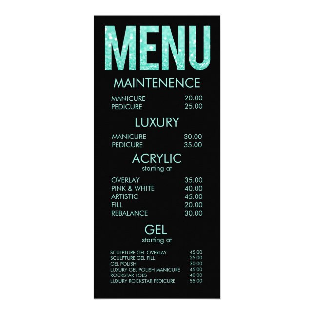 Turquesa Glitter Tipografia Salon Menu Cards (Frente)