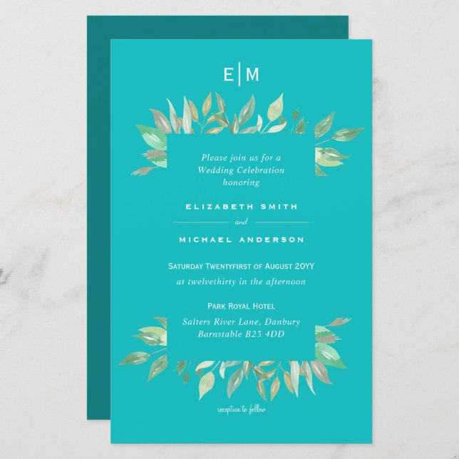 Turquesa Greenerescência Deixa Convite de casament (Frente/Verso)