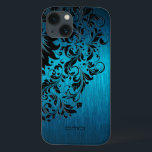 Turquesa Metálica Bruta de Alumínio Preto Lace 2<br><div class="desc">O elegante fundo metálico azul-esverdeado turquesa-verde-azul piscou alumínio com aparência preta de rendas florais. Monograma personalizável. Várias versões neste design com diferentes posições de local.</div>