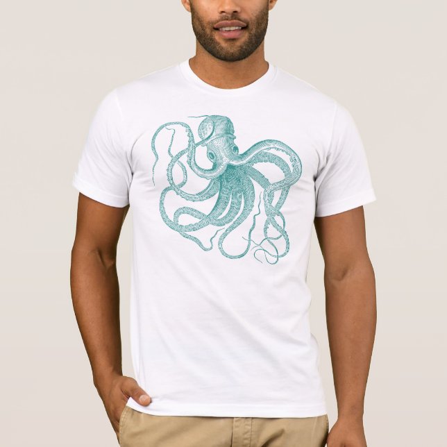 Turquesa Octopus Vintage Ilustração T-Shirt (Frente)