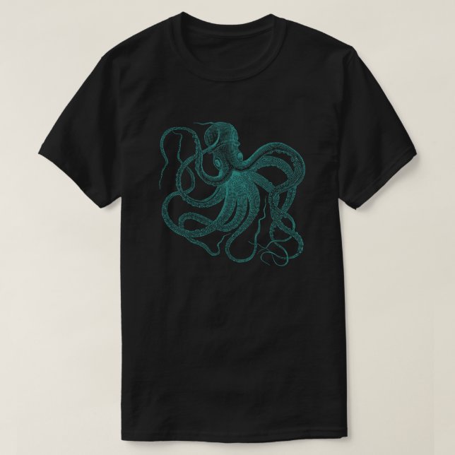 Turquesa Octopus Vintage Ilustração T-Shirt (Frente do Design)