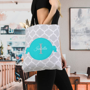 Turquesa Quatrefoil Personalizado Tote Bag