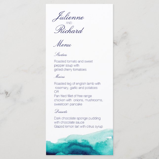 Turquesa Sea Teal Watercolor Menu Casamento (Frente)