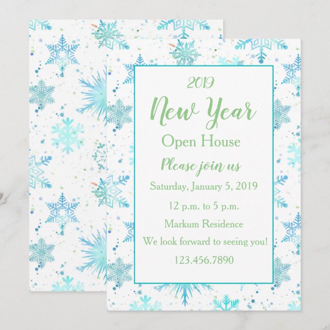 Turquesa Snowflake Ano Novo Convite à Casa Aberta (Frente/Verso)