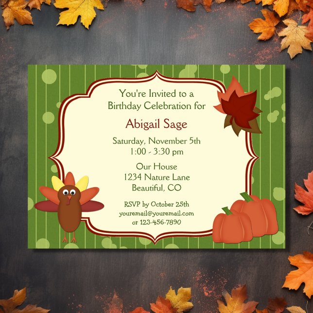 Turquia, Pumpkins e Sai do Convite de Aniversário (Front - Turkey, Pumpkins and Leaves Birthday Invitation)