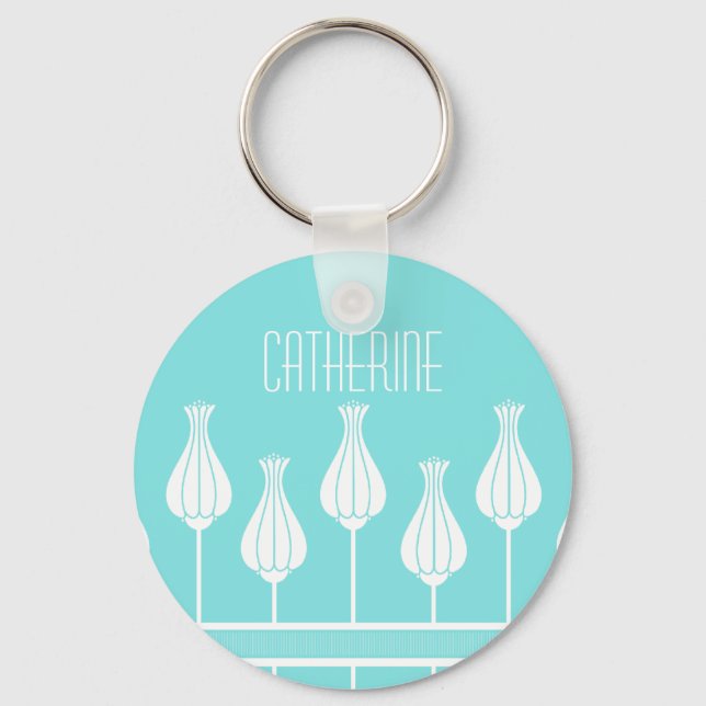 Turquoise Art Deco Floral Chaveiro (Frente)