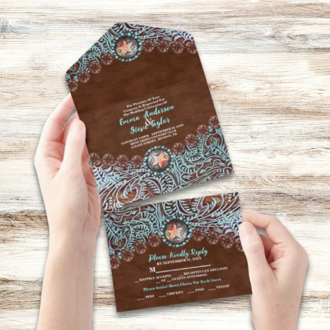 Turquoise Brown cowboy country west casamento (Turquoise Brown cowboy country western wedding All In One Invitation)